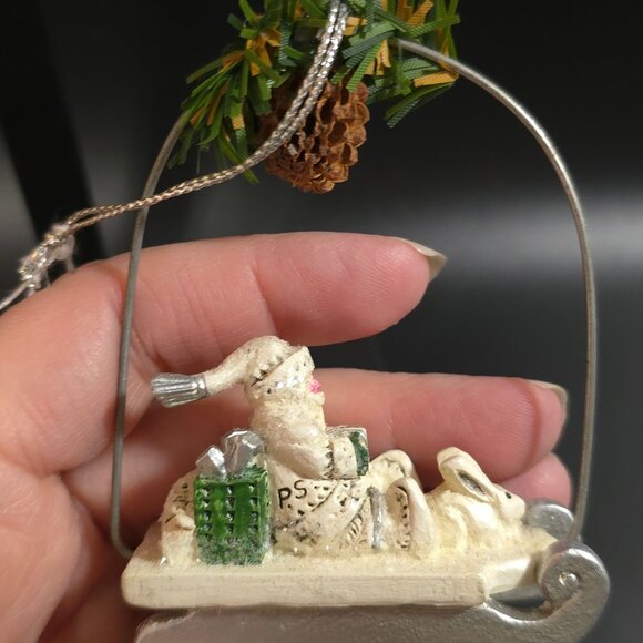 Rare NWT Pam Schifferl Winter White Santa Pinecone Sled Rabbit Christmas Ornamen - Picture 3 of 11